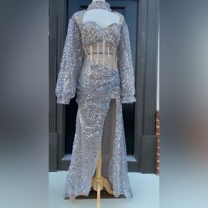 Beautiful Silver Sequins Mermaid High Neck Puffy Long Sleeve Dress 👗